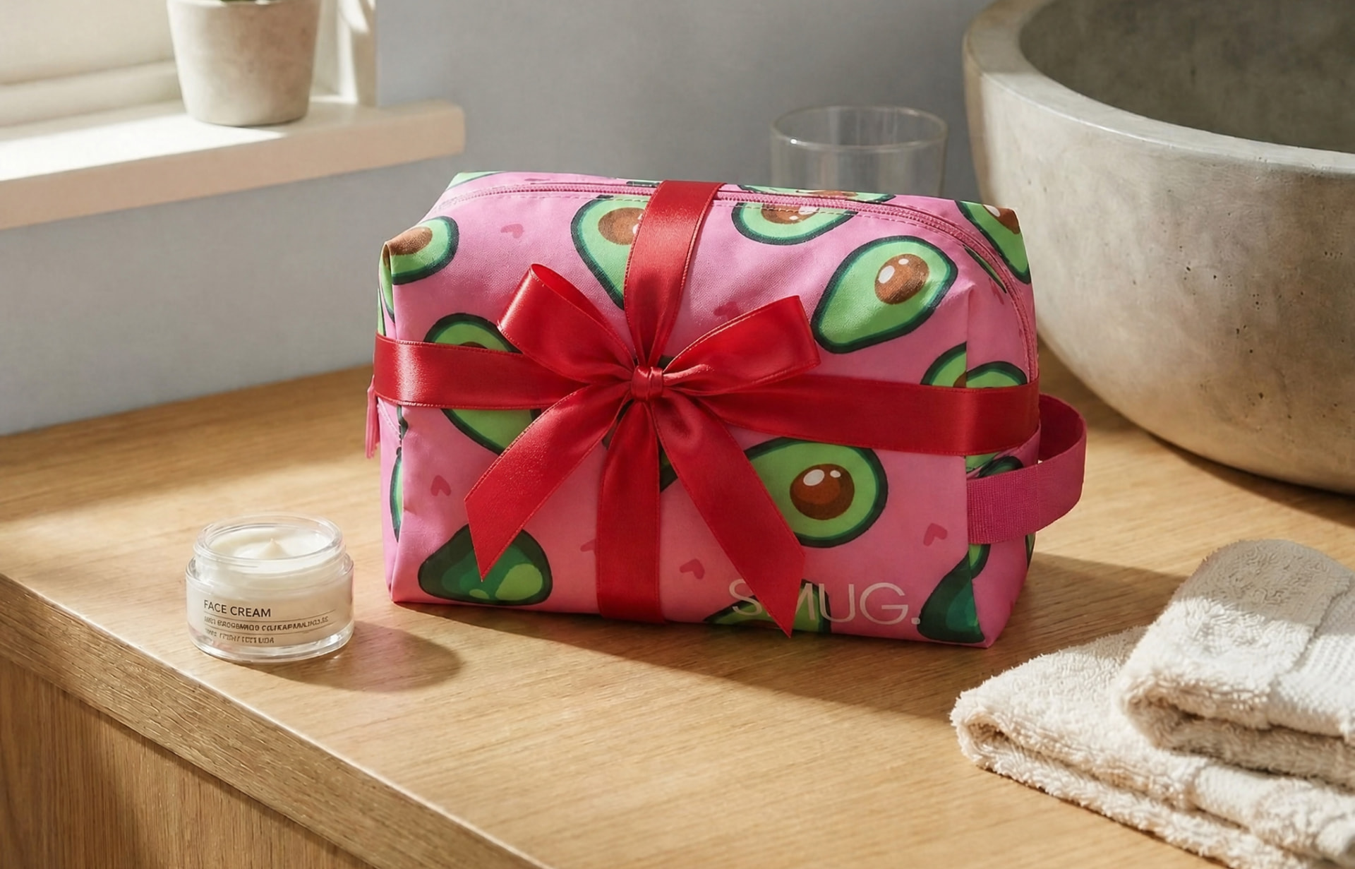 SMUG wash bag tied with a red ribbon, ready to give as a gift